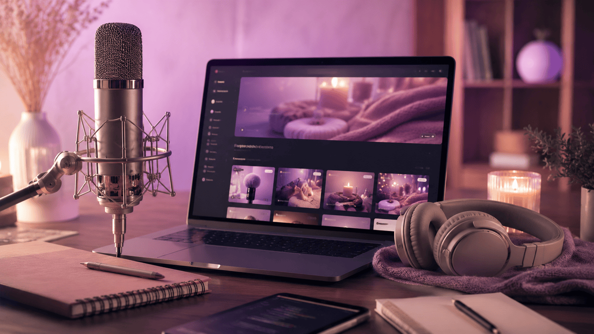 ASMR-Projekt mit Studiomikrofon, Laptop und Kopfhörern