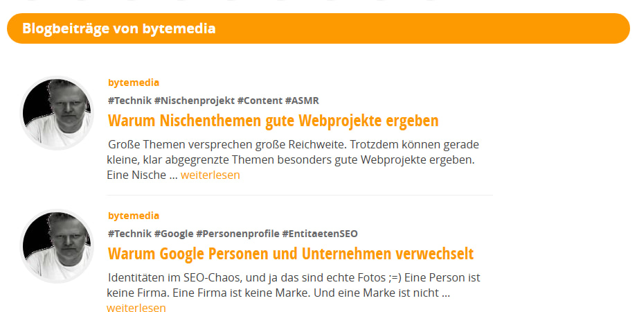 Liste der Blogbeiträge des Profils bytemedia mit Titeln, Kategorien und Schlagworten
